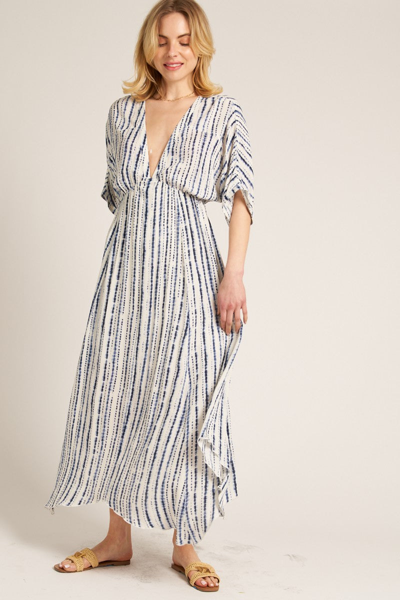 Navy Printed Deep V-Neck Midi Dress