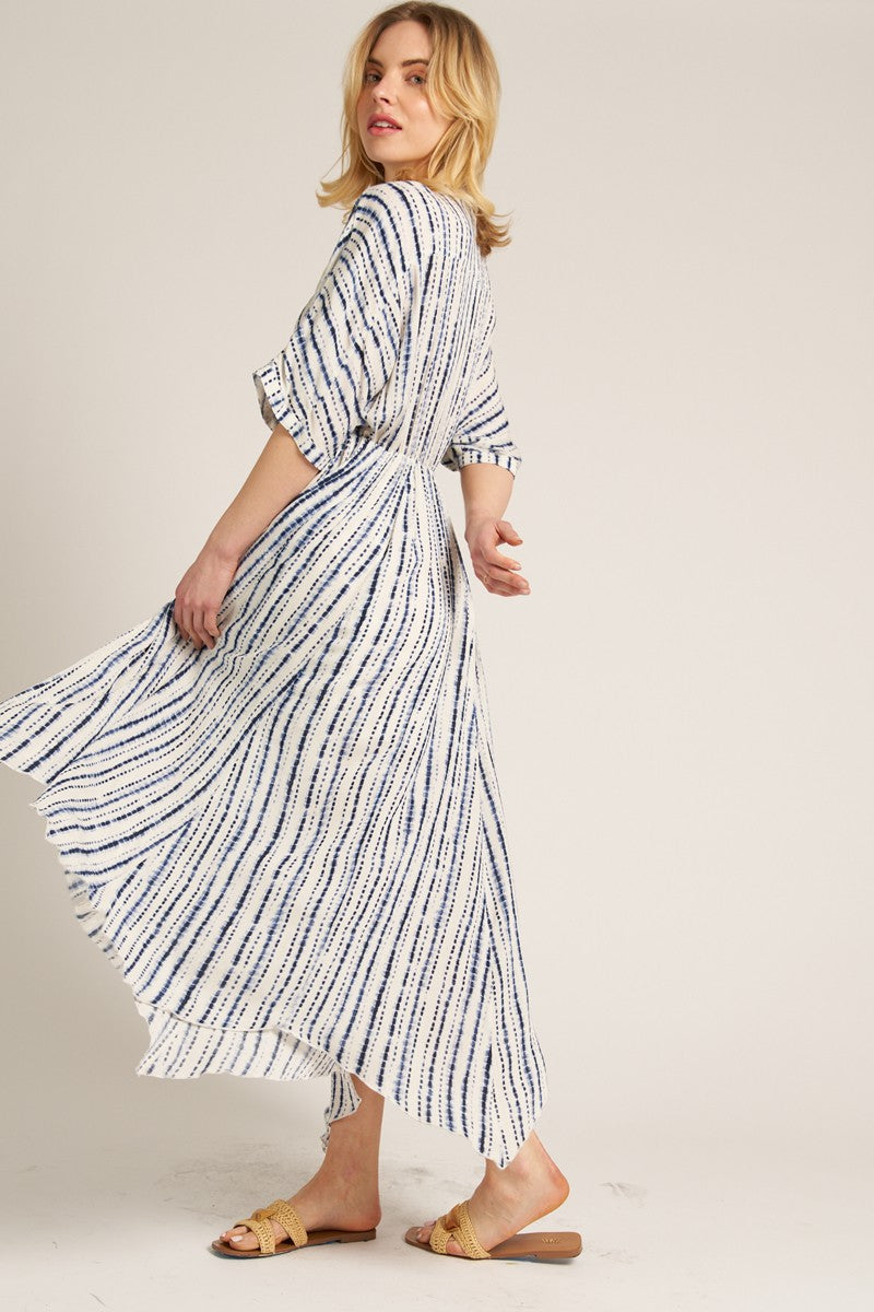 Navy Printed Deep V-Neck Midi Dress