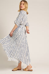 Navy Printed Deep V-Neck Midi Dress