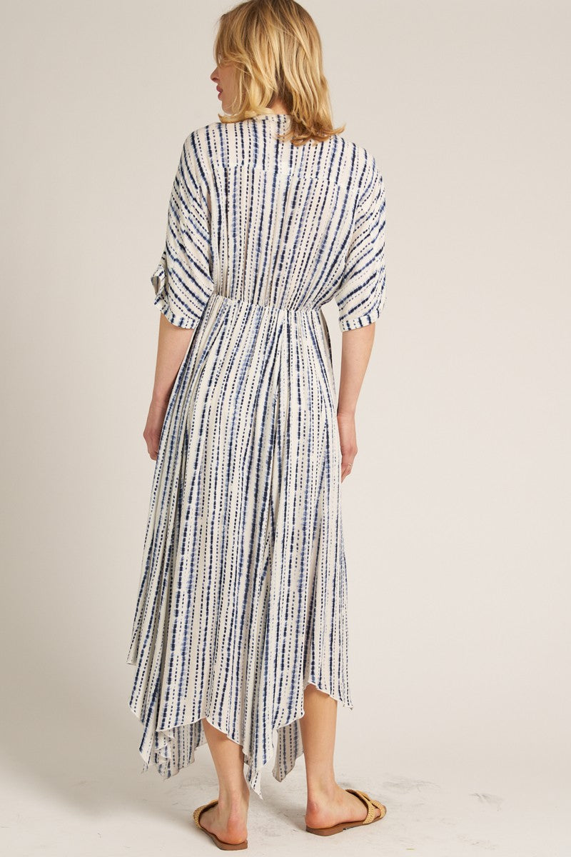 Navy Printed Deep V-Neck Midi Dress