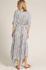 Navy Printed Deep V-Neck Midi Dress