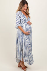 Navy Printed Deep V-Neck Maternity Midi Dress