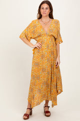 Yellow Printed Deep V-Neck Handkerchief Hem Maternity Maxi Dress