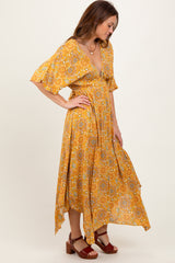 Yellow Printed Deep V-Neck Handkerchief Hem Maxi Dress