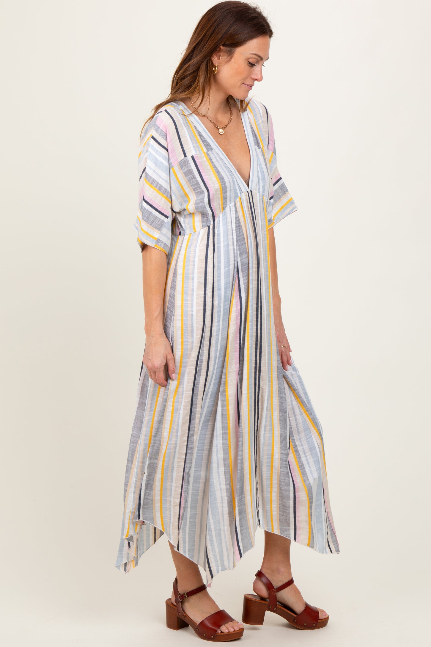 Multicolor Striped Handkerchief Hem Maxi Dress