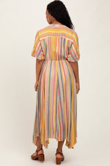 Yellow Striped Deep V-Neck Handkerchief Hem Midi Dress