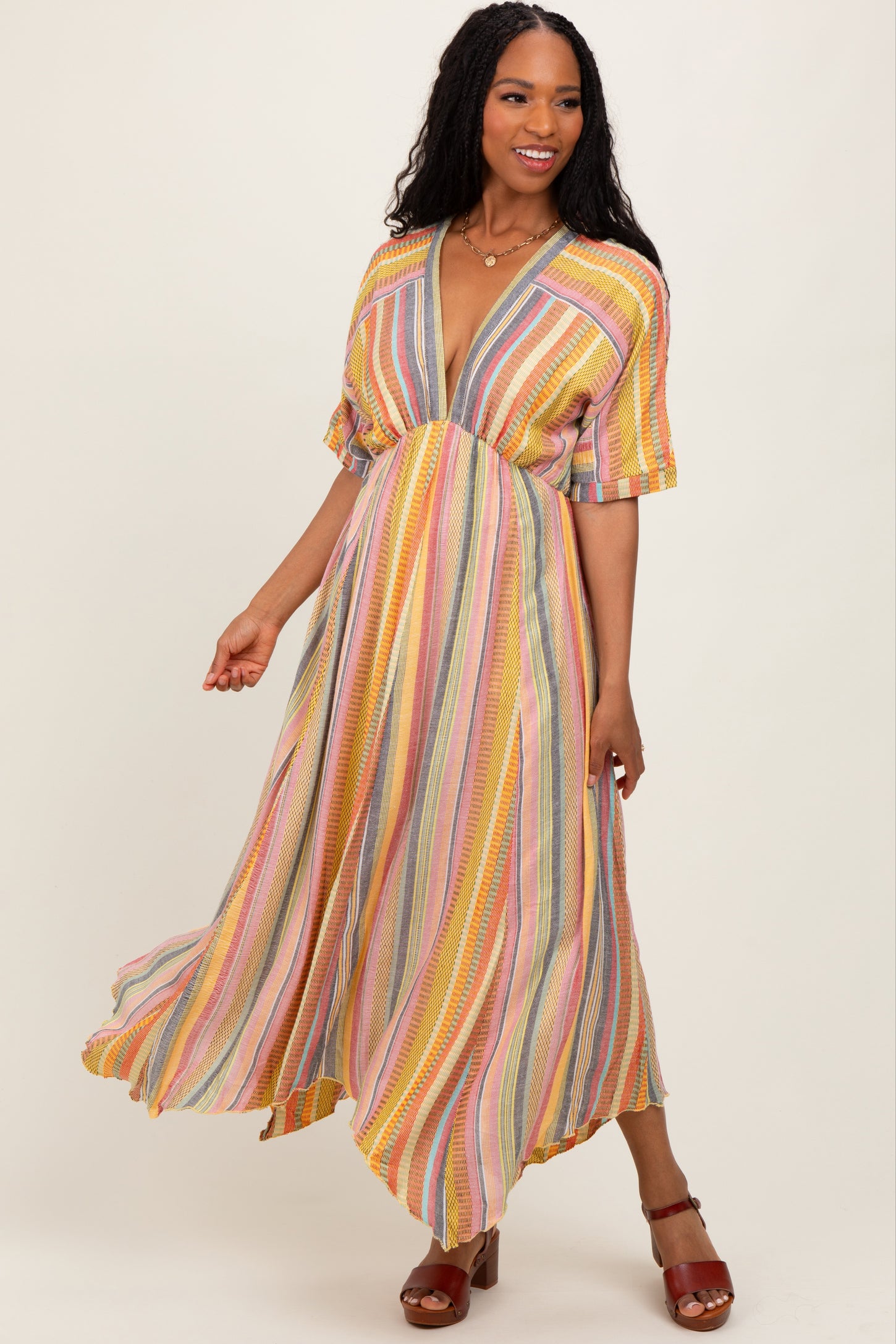 Yellow Striped Deep V-Neck Handkerchief Hem Maternity Midi Dress