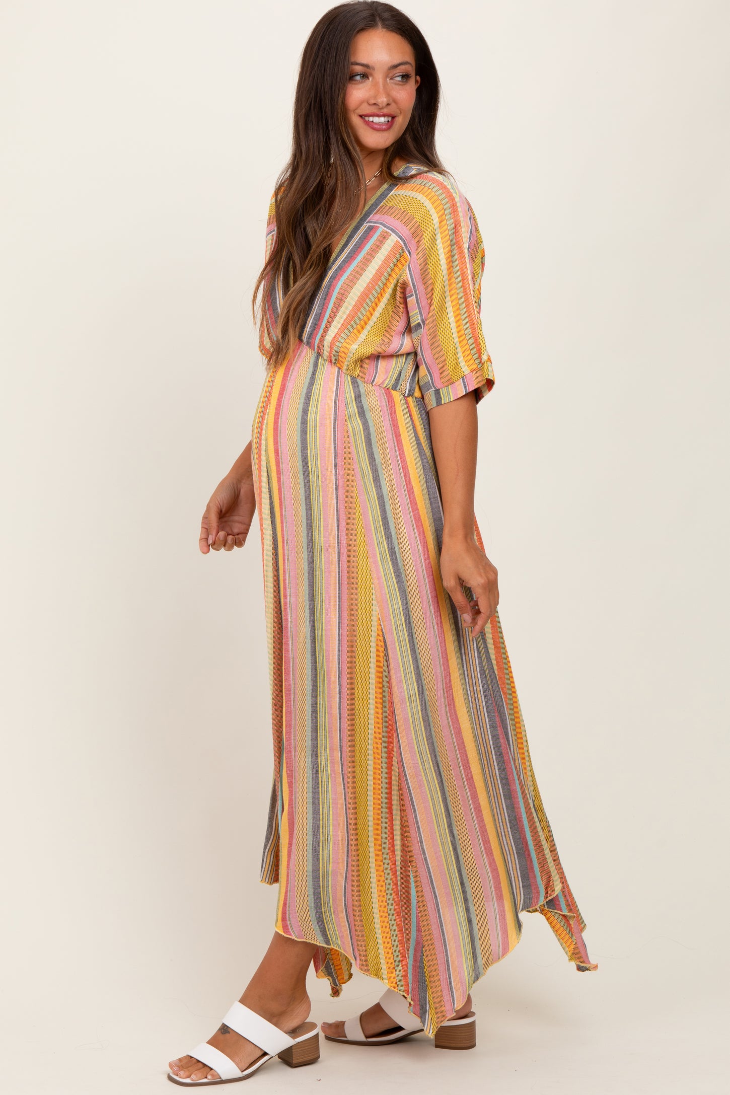 Yellow Striped Deep V-Neck Handkerchief Hem Maternity Midi Dress
