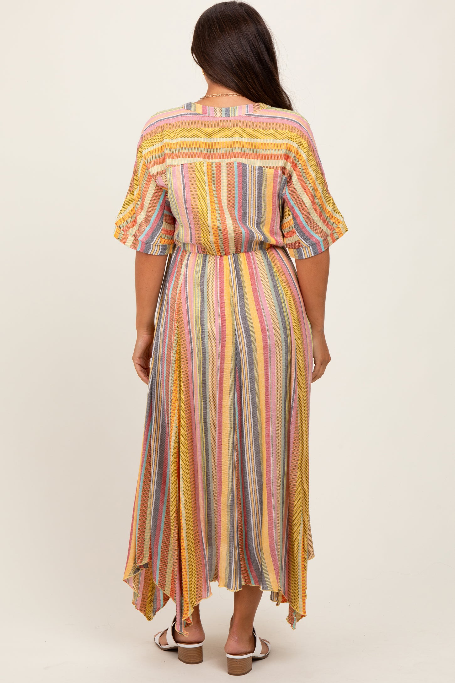 Yellow Striped Deep V-Neck Handkerchief Hem Maternity Midi Dress