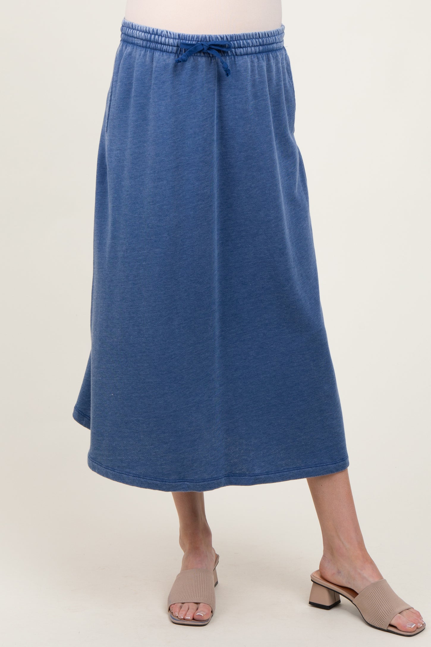 Light Navy Terry Drawstring Maternity Midi Skirt