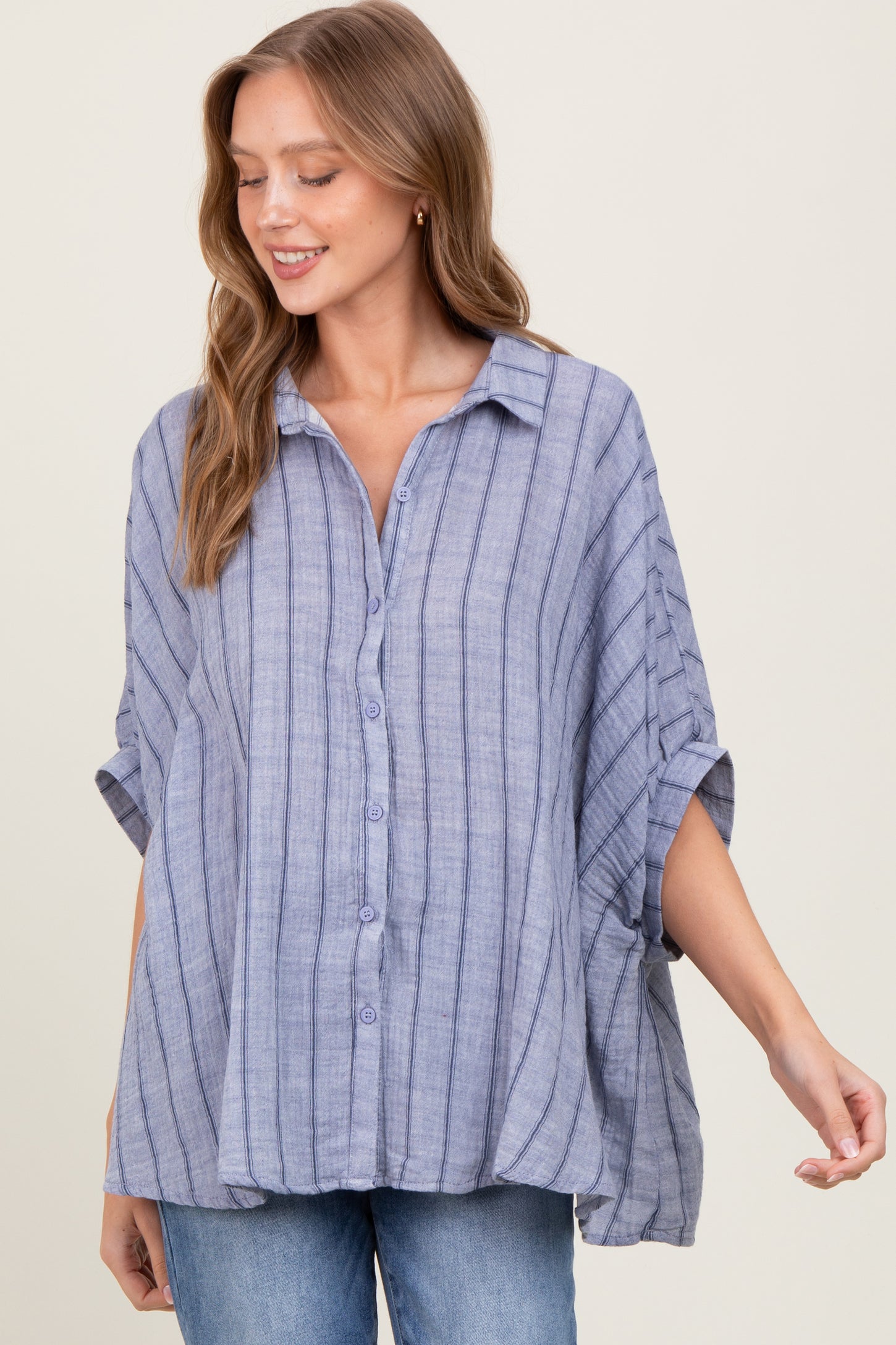Blue Striped Collared Oversized Top