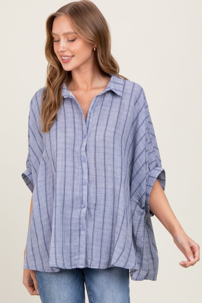 Blue Striped Collared Oversized Top