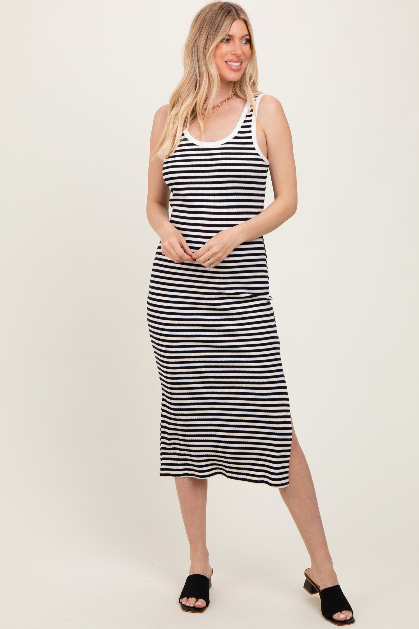 White Striped Ribbed Side Slit Sleeveless Midi Dress