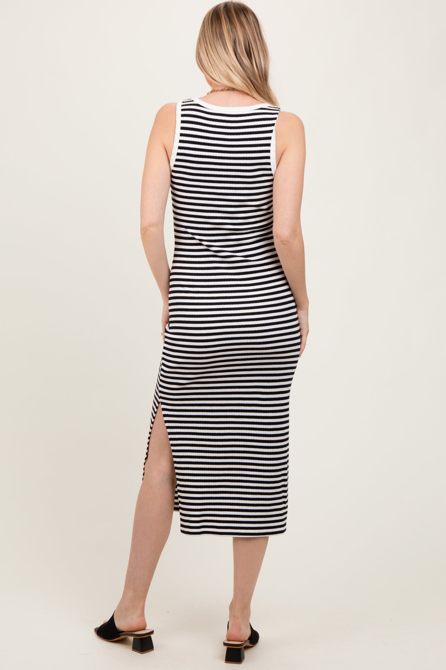 White Striped Ribbed Side Slit Sleeveless Midi Dress