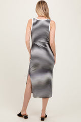 White Striped Ribbed Side Slit Sleeveless Midi Dress