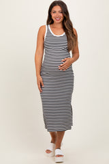 White Striped Ribbed Side Slit Sleeveless Maternity Midi Dress