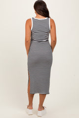 White Striped Ribbed Side Slit Sleeveless Maternity Midi Dress