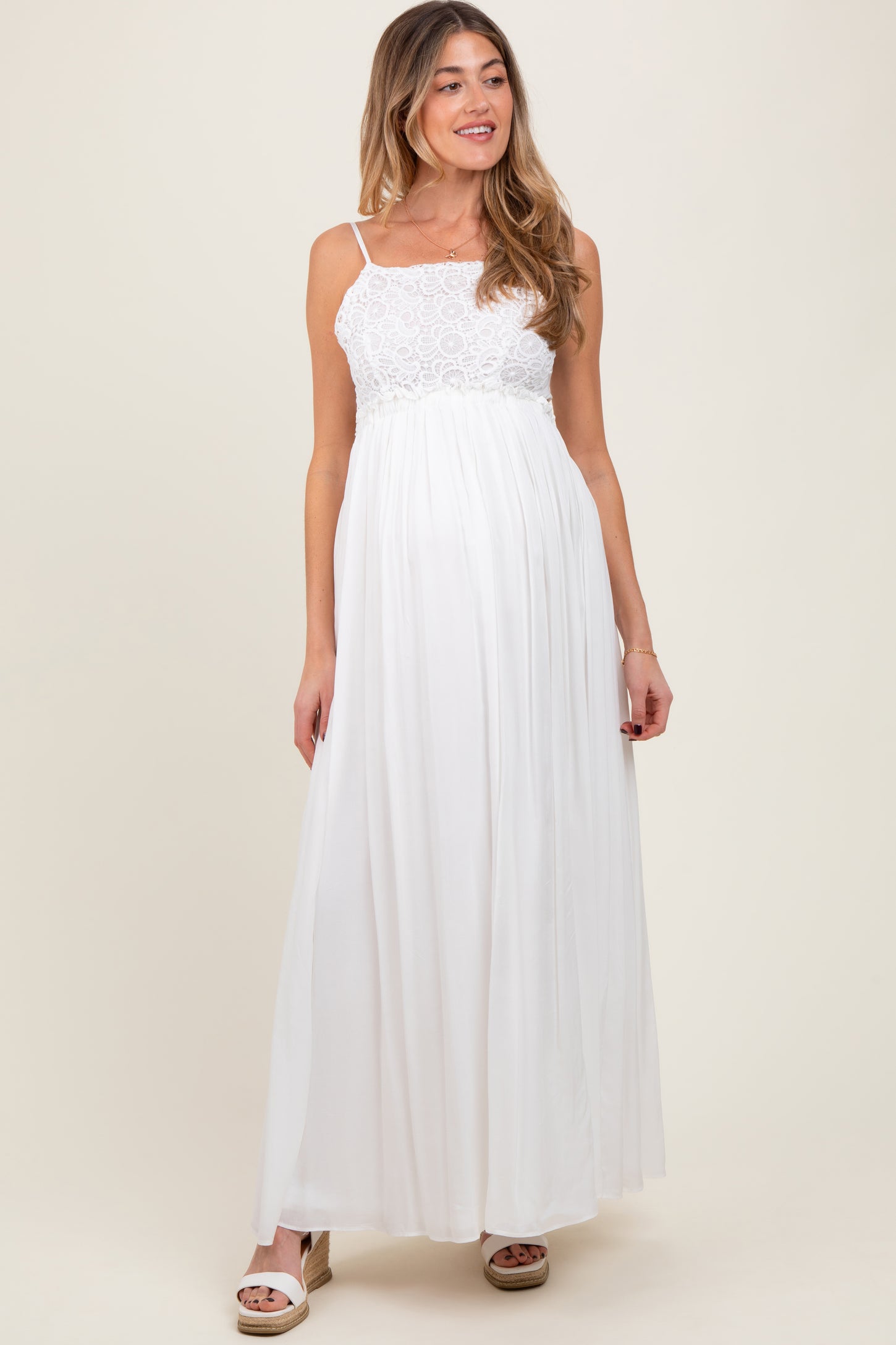 White Lace Bodice Cutout Tie Back Maternity Maxi Dress