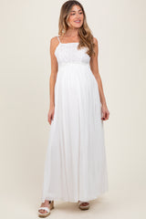 White Lace Bodice Cutout Tie Back Maternity Maxi Dress