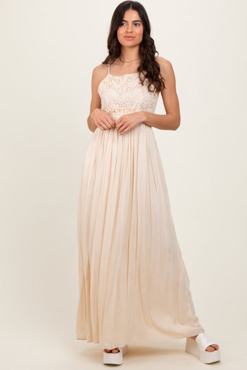 Beige Lace Bodice Cutout Tie Back Maxi Dress