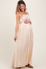 Beige Lace Bodice Cutout Tie Back Maternity Maxi Dress