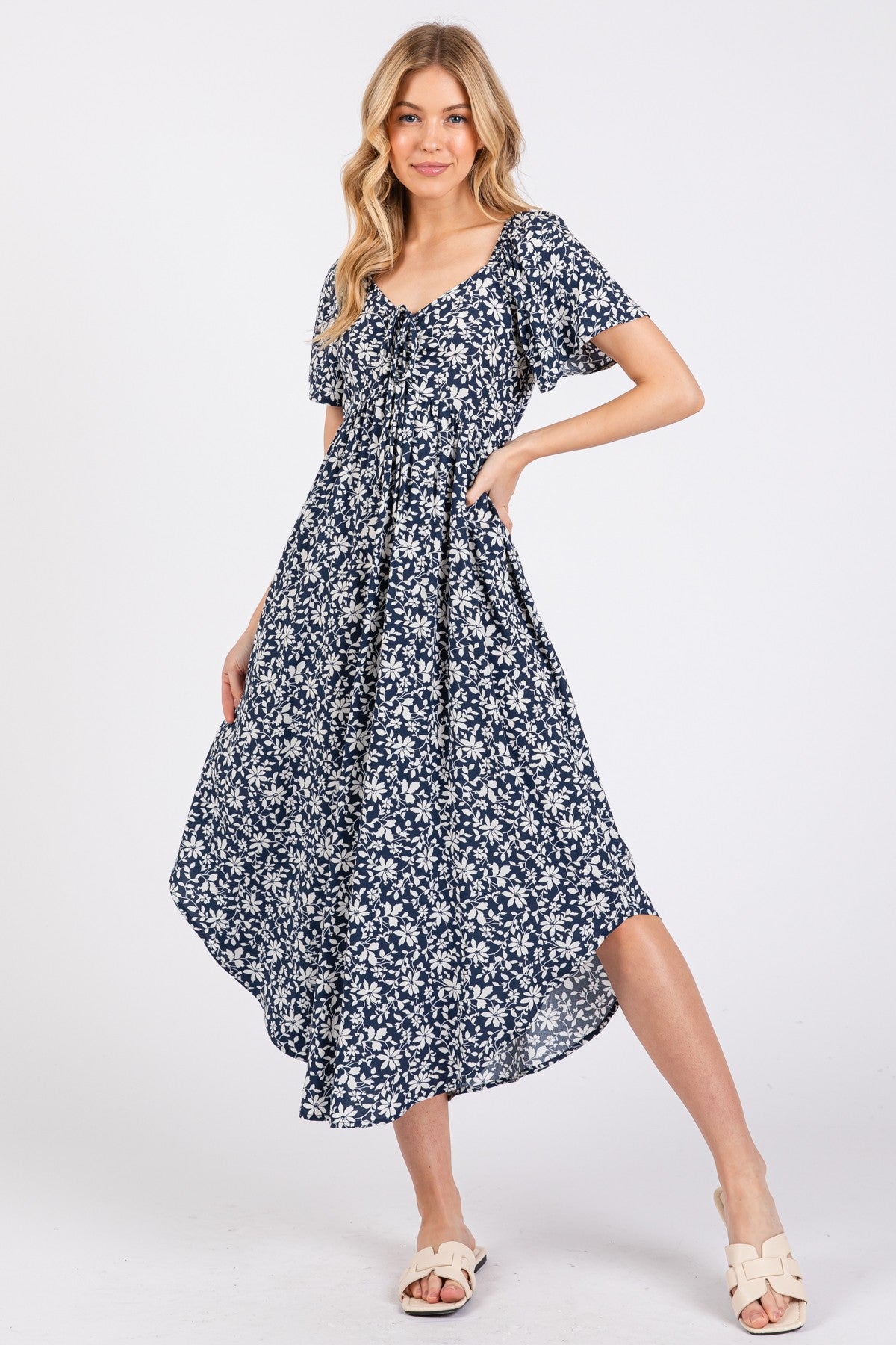 Navy Blue Floral Ruched Tie Front Maternity Midi Dress