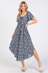 Navy Blue Floral Ruched Tie Front Maternity Midi Dress