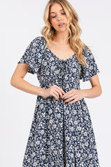 Navy Blue Floral Ruched Tie Front Midi Dress
