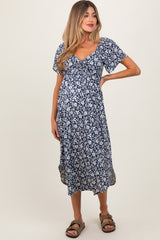 Navy Blue Floral Ruched Tie Front Maternity Midi Dress