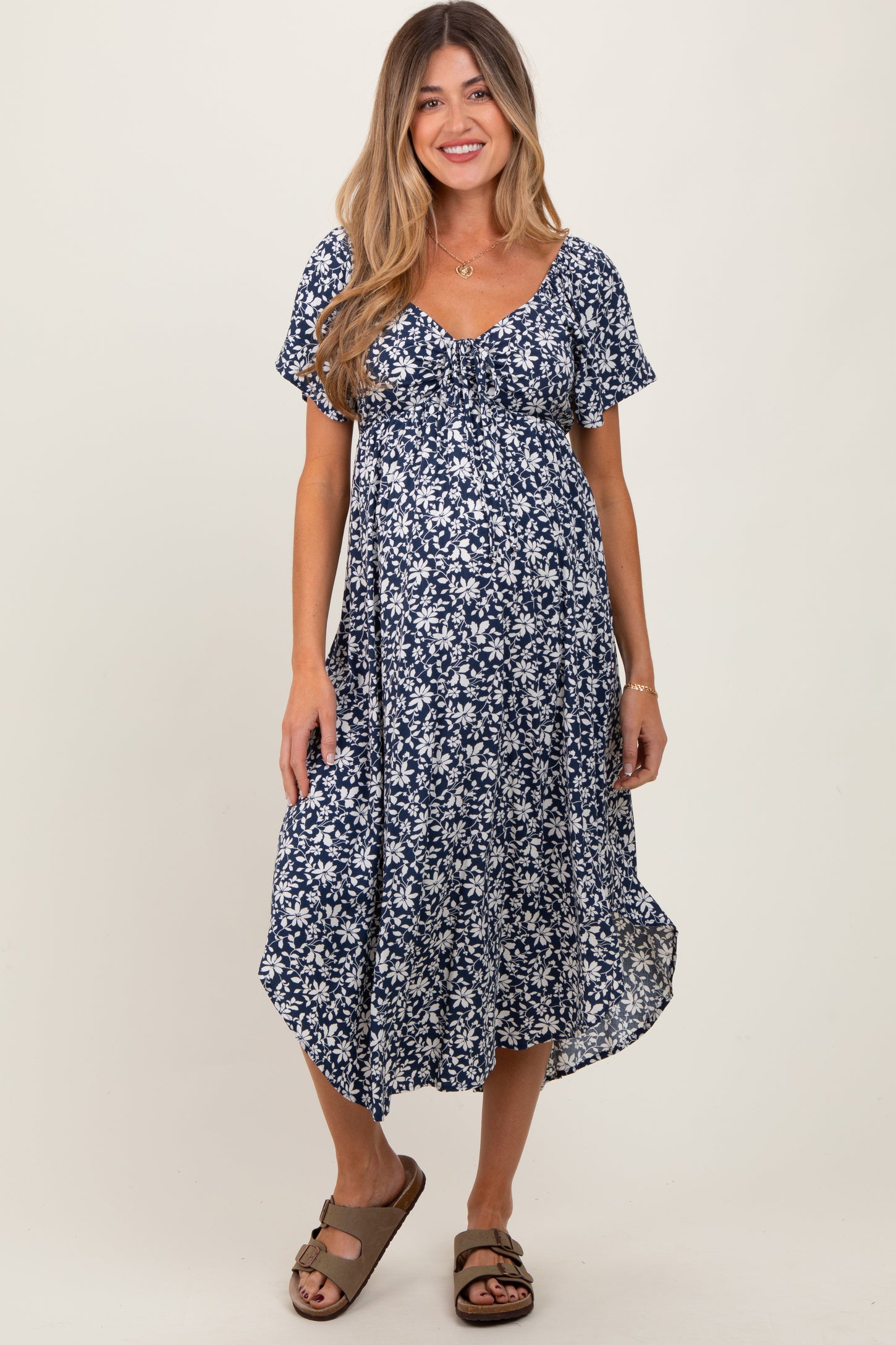 Navy Blue Floral Ruched Tie Front Maternity Midi Dress