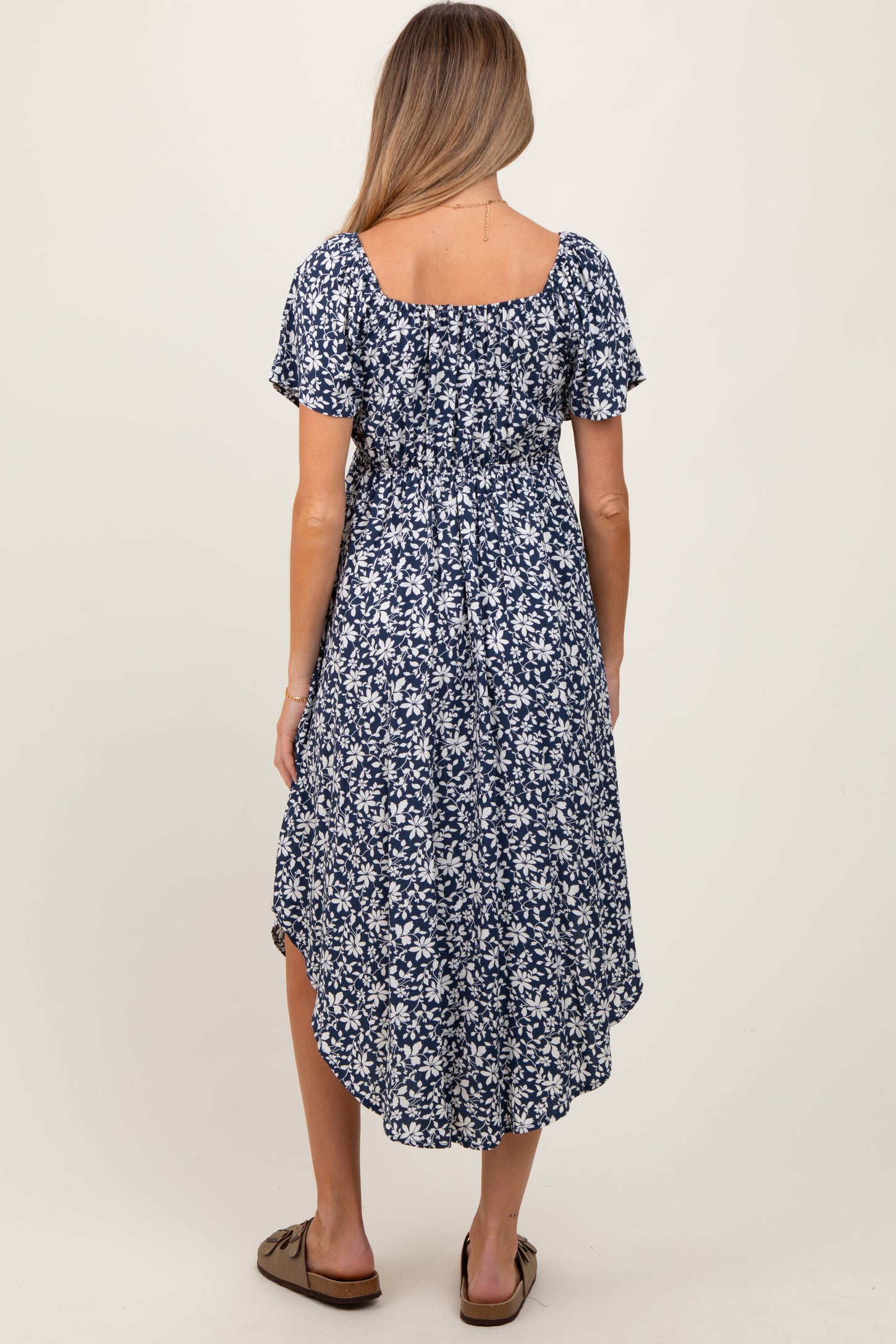 Navy Blue Floral Ruched Tie Front Maternity Midi Dress