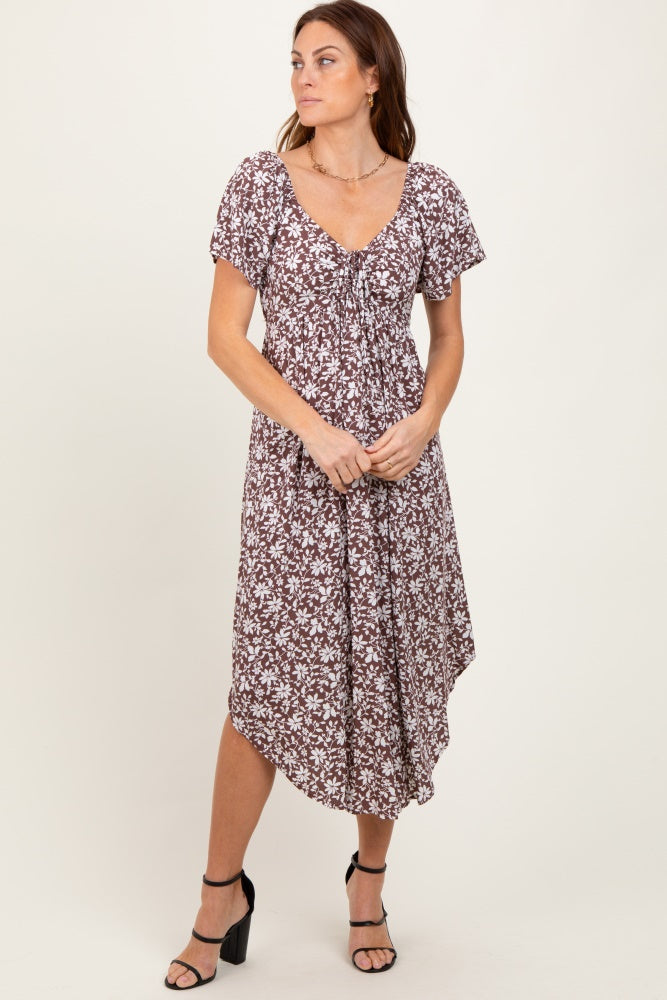 Brown Floral Ruched Tie Front Maternity Midi Dress