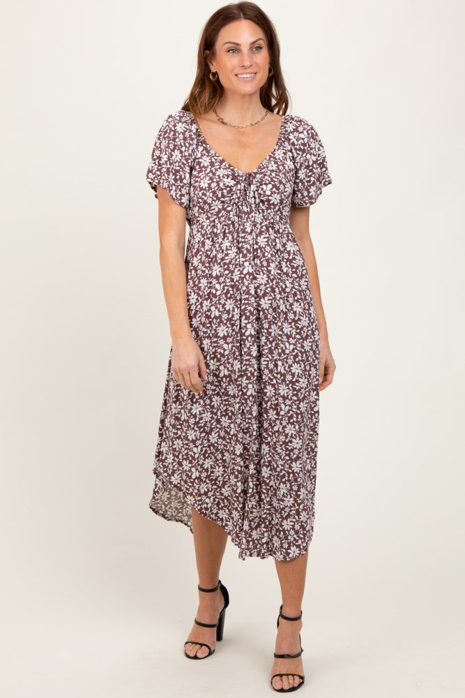 Brown Floral Ruched Tie Front Midi Dress