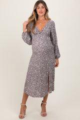 Mocha Floral Twist Front Long Sleeve Maternity Midi Dress