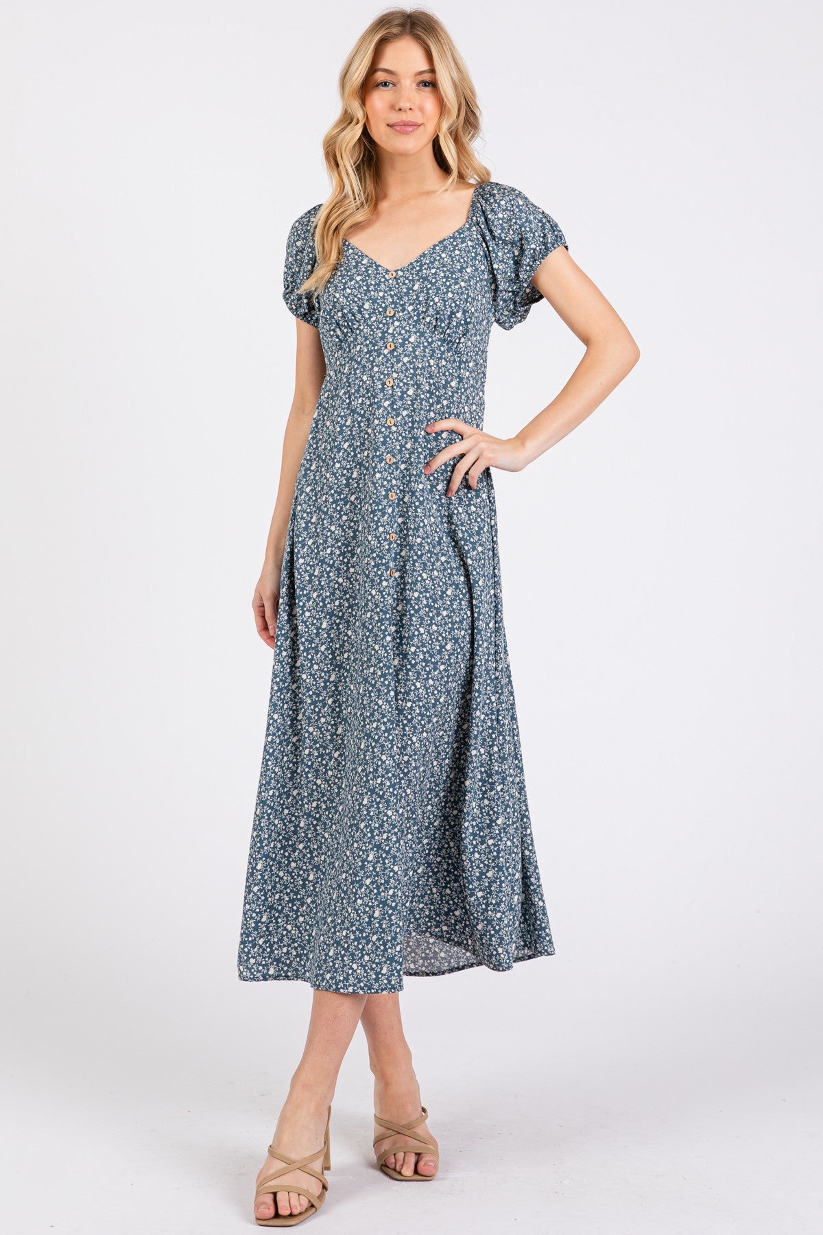 Teal Floral V-Neck Button Front Maternity Midi Dress