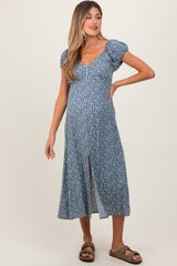 Teal Floral V-Neck Button Front Maternity Midi Dress
