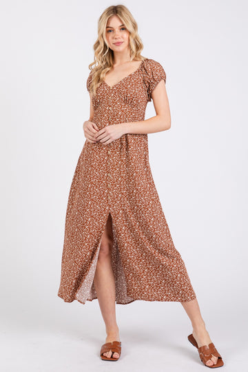 Rust Floral V-Neck Button Front Midi Dress
