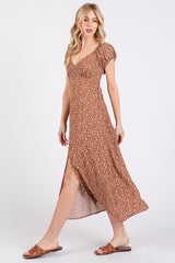 Rust Floral V-Neck Button Front Midi Dress