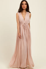 Light Pink Deep V-Neck Sleeveless Button Down Maxi Dress