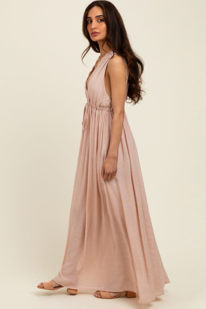 Light Pink Deep V-Neck Sleeveless Button Down Maternity Maxi Dress