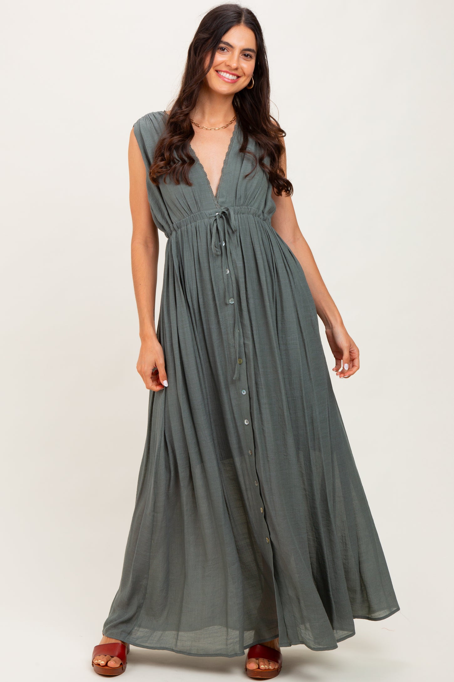 Olive Deep V-Neck Sleeveless Button Down Maxi Dress