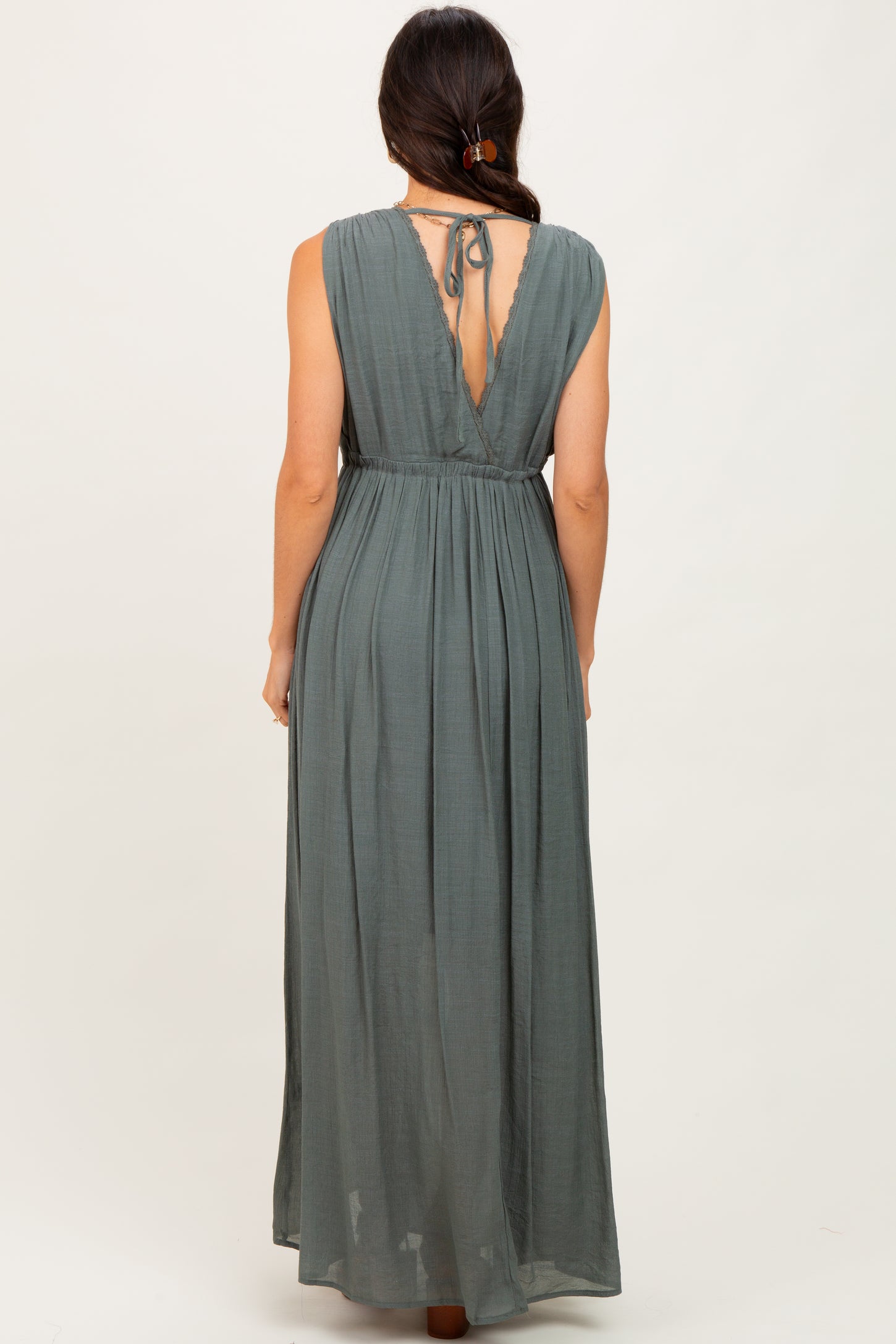 Olive Deep V-Neck Sleeveless Button Down Maxi Dress