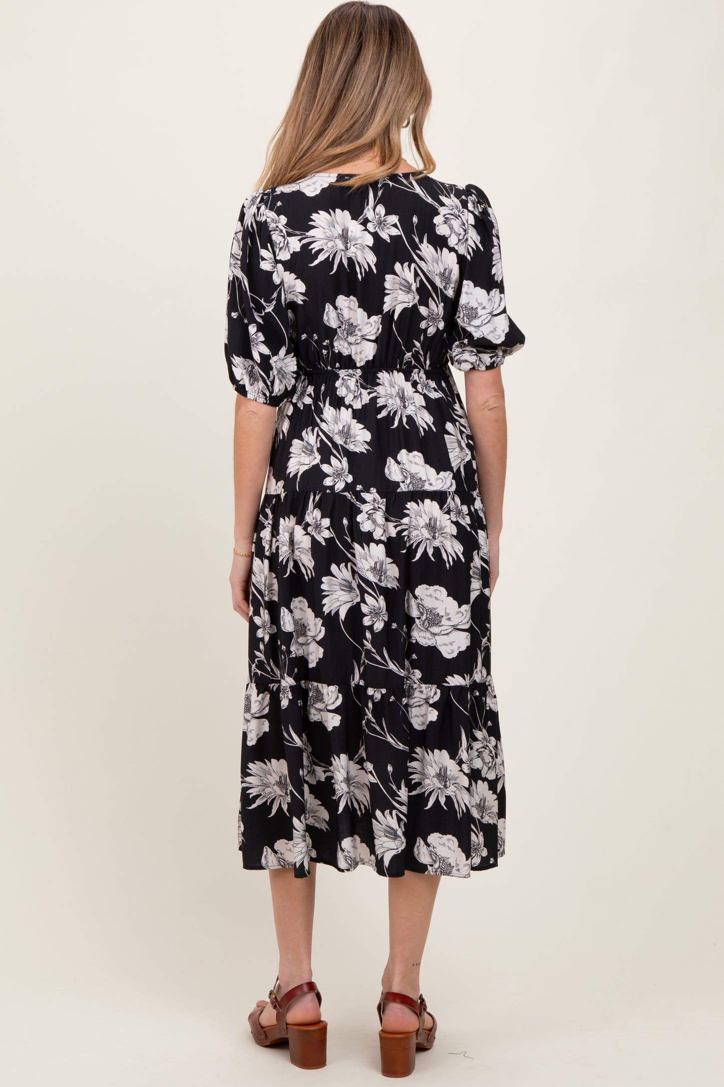 Black Floral Tie Front Tiered Maternity Midi Dress