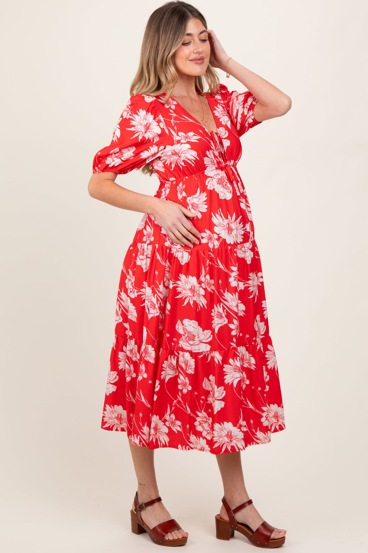 Red Floral Tie Front Tiered Maternity Midi Dress