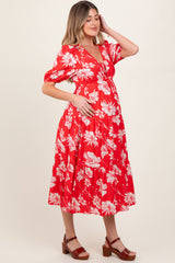 Red Floral Tie Front Tiered Maternity Midi Dress