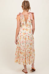 Cream Floral Shoulder Tie Deep V-Neck Tiered Maternity Maxi Dress