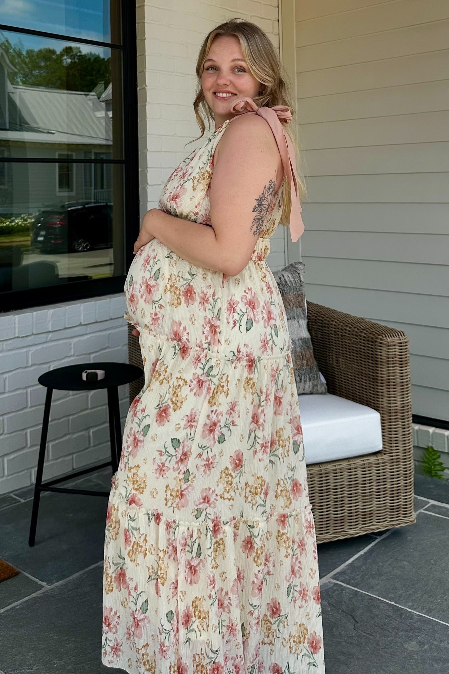 Cream Floral Shoulder Tie Deep V-Neck Tiered Maternity Maxi Dress