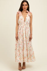 Cream Floral Shoulder Tie Deep V-Neck Tiered Maxi Dress