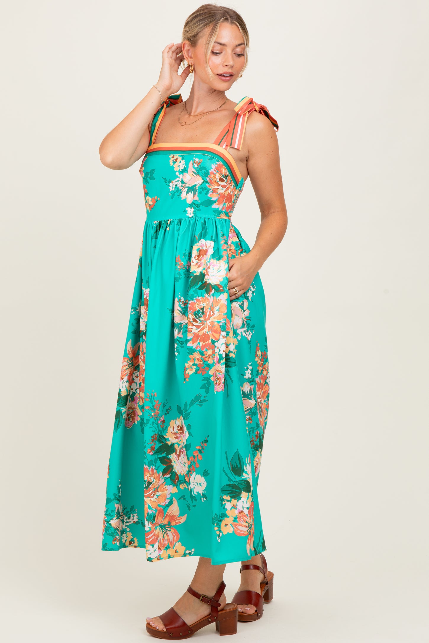 Turquoise Floral Contrast Shoulder Tie Midi Dress