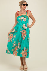 Turquoise Floral Contrast Shoulder Tie Maternity Midi Dress